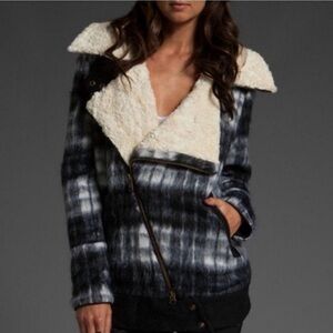 Free People Plaid Sherpa Moto Jacket Coat Size Small FP